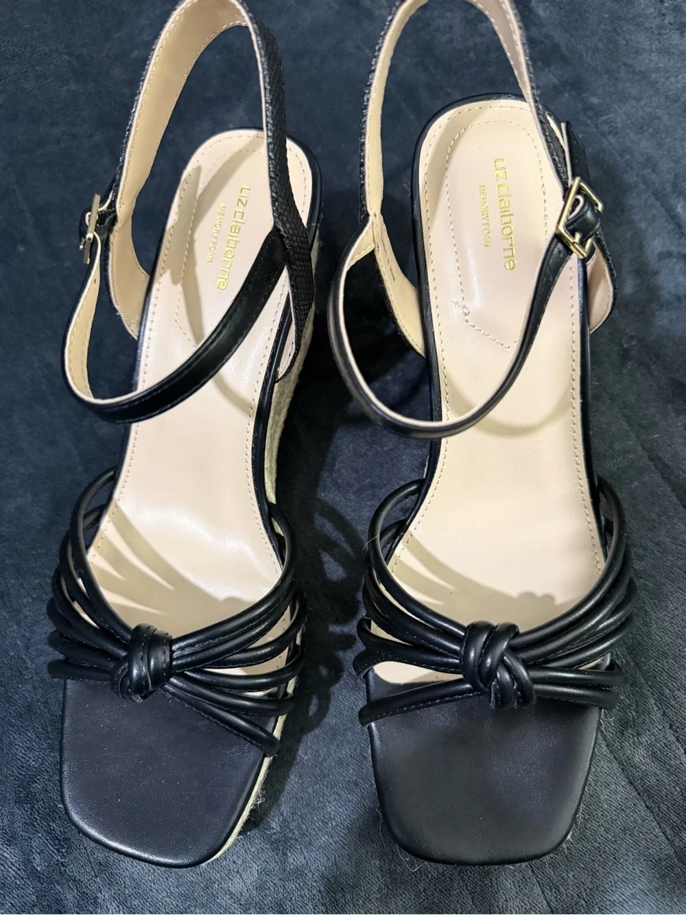 Liz Claiborne Black Strappy Espadrille Wedge Sandals